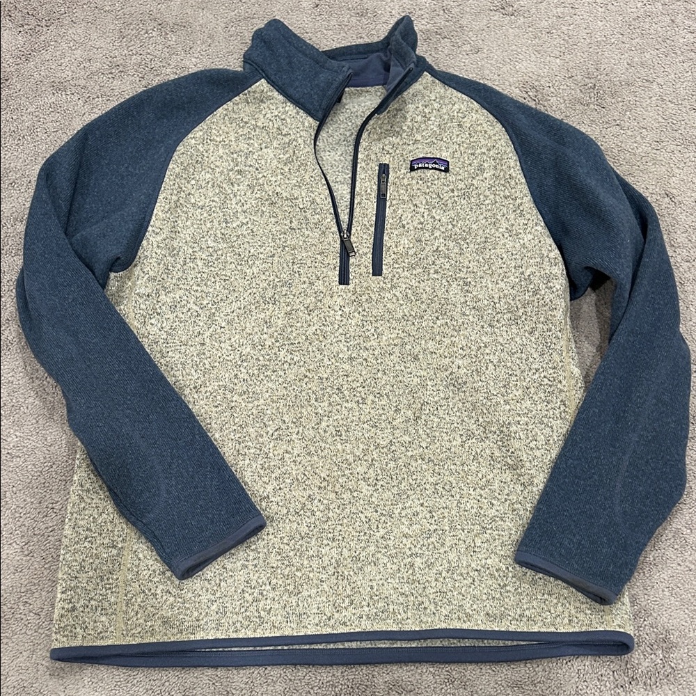 Patagonia Men's Zip-Up Sweater - Cream and Blue